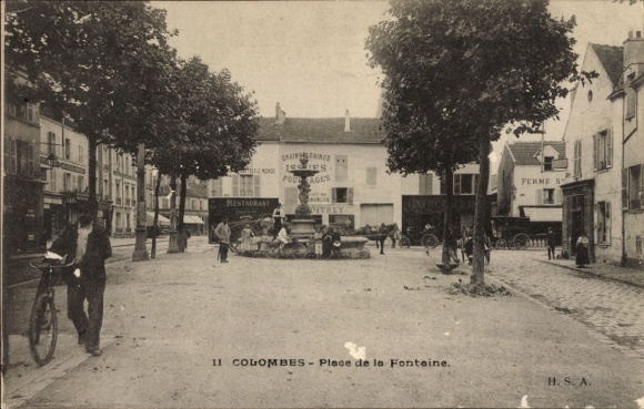 Postcard Colombes Hauts de Seine, Place de la Fontaine, Restaurant Grainpaine, city view, trees