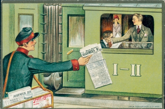Artist Postcard Newspaper seller on the platform, train, passengers, Algemeen Handelsblad, advertisement