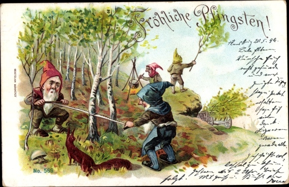 Chromo-Litho Happy Pentecost, dwarfs cut down a Pentecost tree, squirrels