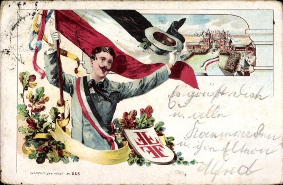 Chromo-Litho gymnast with flag, Jahn cross, winter festival of the Blumenthal gymnastics club, Bremen