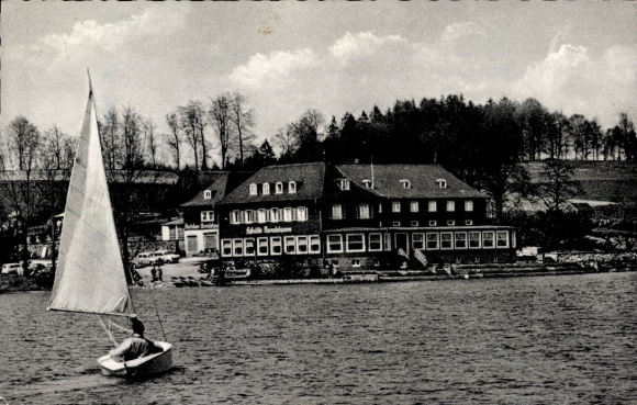 Postcard Hückeswagen in the Oberbergischer Kreis, dam, inn, sailing boat