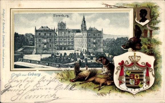 Embossed coat of arms passepartout Postcard Coburg in Upper Franconia, Ehrenburg, hunting dog, hunted hare and pheasant