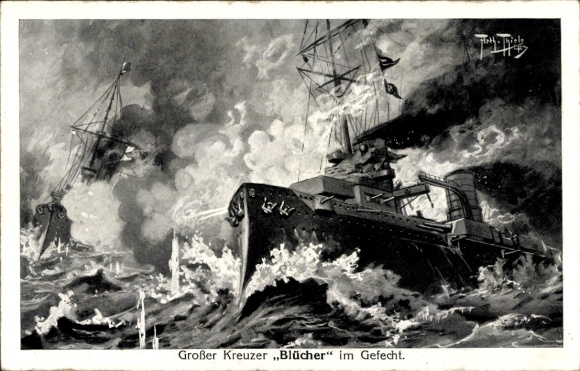 Artist Postcard Thiele, Arthur, German warship, SMS Blücher, large cruiser, Imperial Navy