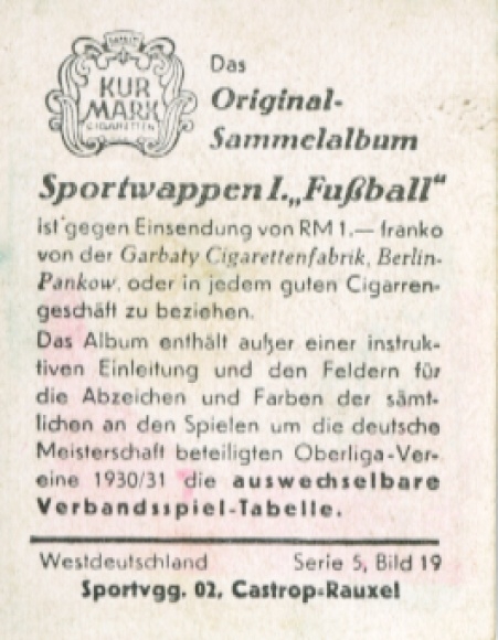 Collector's picture sports crest, football, West Germany, SV 02 Castrop-Rauxel, picture no. 19