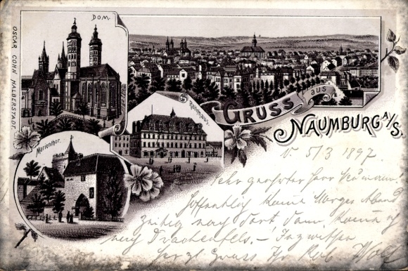 Litho Naumburg an der Saale, Dom, Marientor, Rathaus, Stadtpanorama