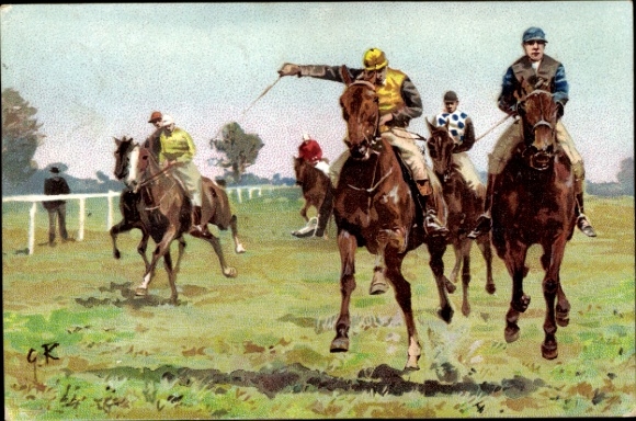 Artist Postcard Jockeys during a horse race
