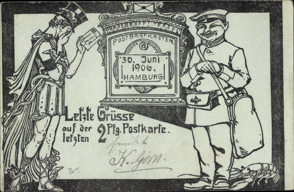 Postwaardestuk ansichtkaart Hamburg, laatste groeten op de laatste 2Pf. Ansichtkaart, 30 juni 1906, postbode