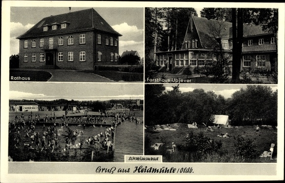 Postcard Heidmühle Schortens, town hall, forester's lodge Upjever, swimming pool
