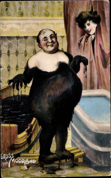 Postcard Greetings from the mud bath, woman behind the curtain, man has climbed out of the bathroom
