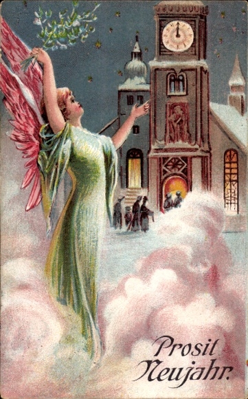 PC Happy New Year, angel in green dress, church clock