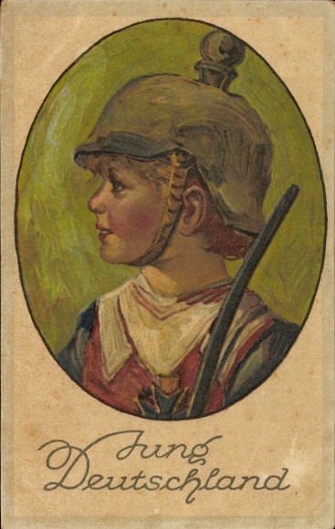 Artist Postcard Jungdeutschland, boy with spiked helmet.