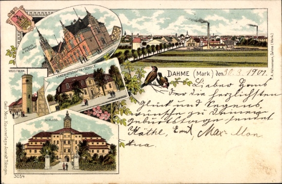 Chromo-Litho Dahme in der Mark, castle, agricultural school, tower, town hall, post office, coat of arms
