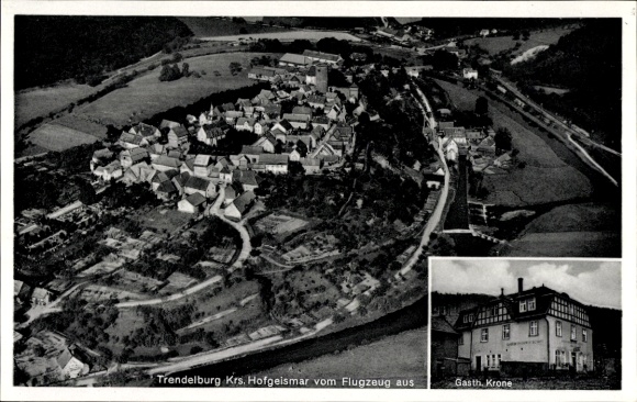 Postcard Trendelburg District Hofgeismar, Gasthaus Krone, total, aerial photograph