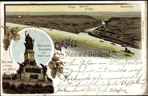 Chromo-Litho Bingen am Rhein, national monument ad Niederwald, near estuary, mouse tower