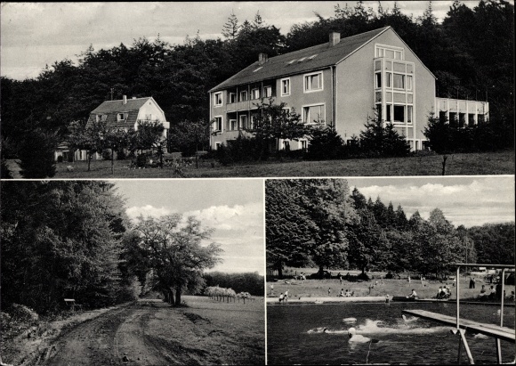 Postcard Mündersbach Westerwald, convalescent home for the blind, forest area, outdoor pool