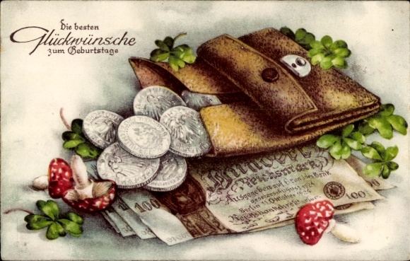 Postcard Happy Birthday, wallet with coins and banknotes, clover leaves, mushrooms
