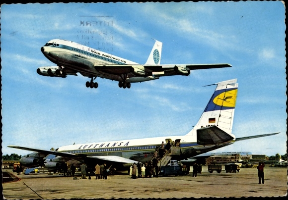 Postcard Frankfurter Rhein Main commercial airport, Lufthansa passenger plane, Pan American