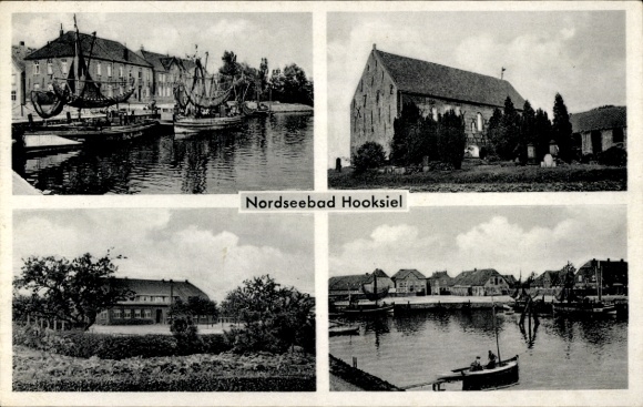 Postcard Hooksiel Wangerland, church, harbour, partial views