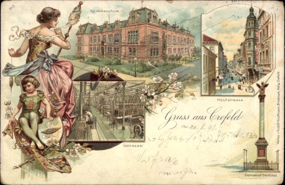 Litho Krefeld am Niederrhein, Königliche Webeschule, Hochstraße, Webesaal, Cornelius Denkmal