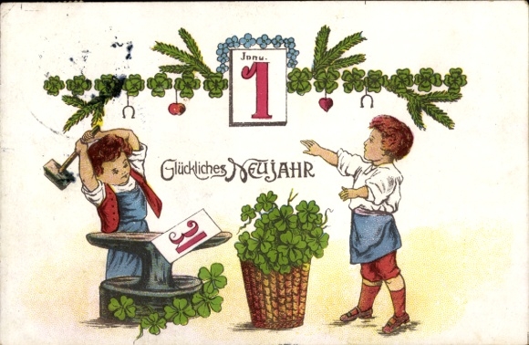 Postcard Happy New Year, blacksmith, calendar, clover leaves