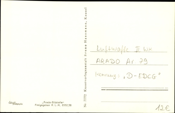 Postcard Deutsche Luftwaffe, Arado Ar 79 fighter plane, D-EDCG