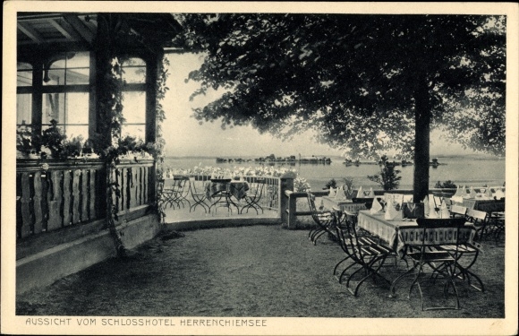 Ak Herrenchiemsee, uitzicht vanuit het kasteelhotel, restaurateur, Hans Huber