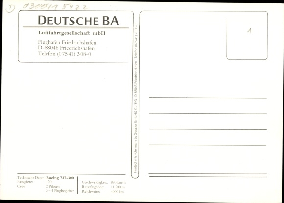 Postcard Boeing 737-300, passenger aircraft, Deutsche BA