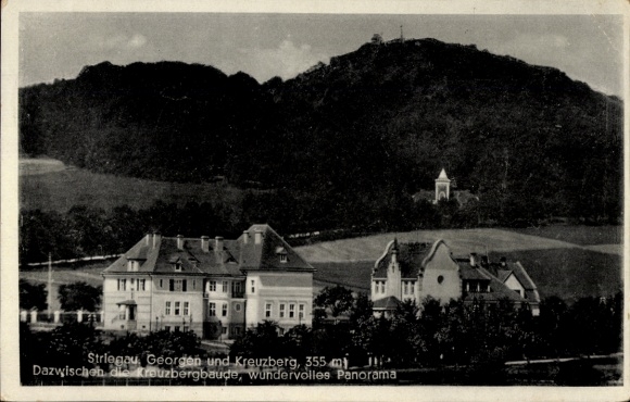 PC Strzegom Striegau Silesia, partial view with Georgen and Kreuzberg, Kreuzbergbaude