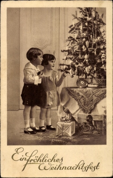 Postcard Congratulations Christmas, children, Christmas tree, gifts