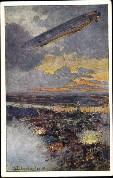 Kunstenaarskaart van hoekbrekers, Themistokles, zeppelin boven Antwerpen, veldslag, I. WW