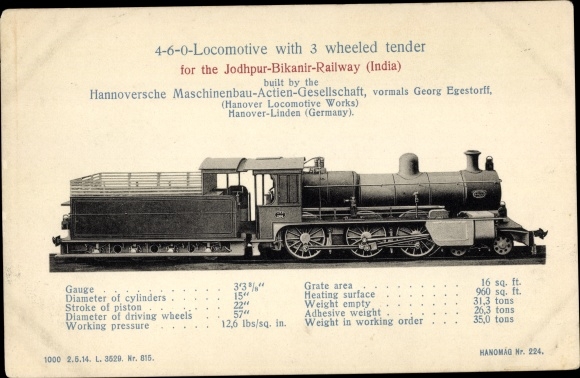 Postcard Indian Railways, 4-6-0 Locomotive with Tender, Jodhpur Bikanir Railway, Hanomag