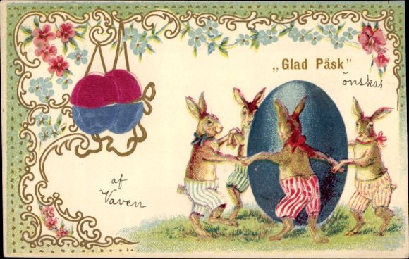 Fabric Embossing Chromo-Litho Congratulations Easter, Easter bunnies dancing around egg