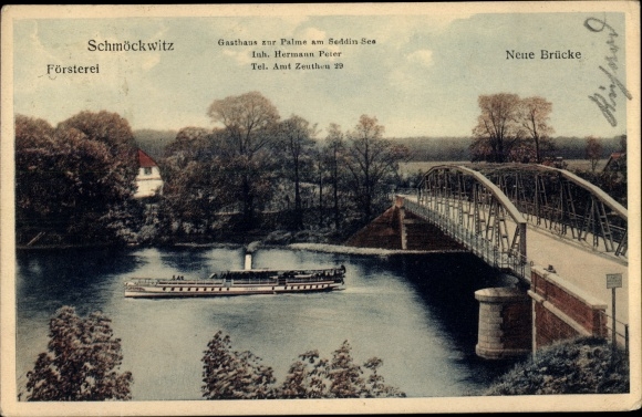 Ansichtkaart Berlijn Köpenick Schmöckwitz, Gasthaus zur Palme, Seddin See, boswachtershuis, brug