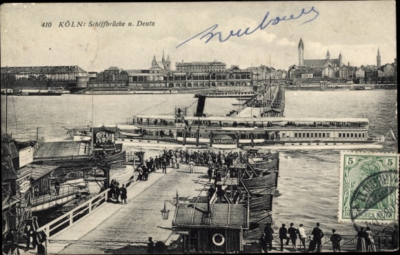 Ak Deutz Köln am Rhein, Schiffbrücke, Schiff, Passanten