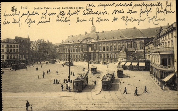 Postcard Liège Luik Liège Wallonia, Palais de Justice, Place Saint Lambert, tramways