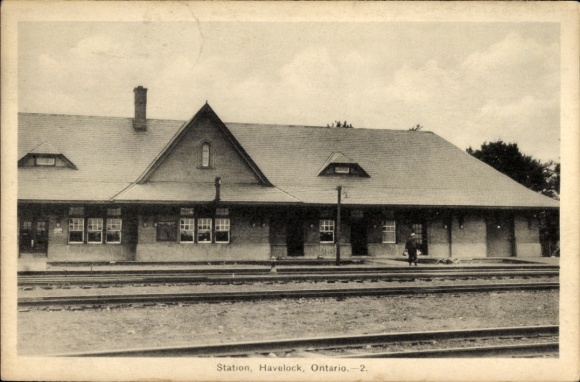 Ansichtkaart Havelock Ontario Canada, treinstation, spoorweergave