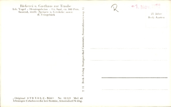Postcard Heutingsheim Freiberg am Neckar, aerial photograph, bakery and gas house zur Traube