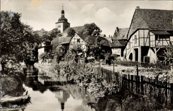Postcard Weferlingen Dettum Lower Saxony, historic half-timbered houses, canal, church tower, quiet landscape