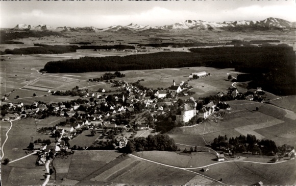 Postcard Bad Grönenbach in Allgäu, aerial view of Grönenbach, rural surroundings, mountains in the background