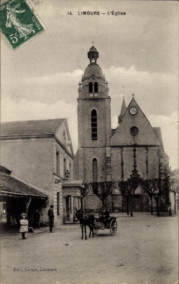 Ak Limours Essonne, Kirche, Mann mit einem Eselwagen, Mädchen