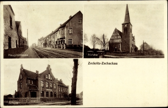KP Zeckritz Zschackau Beilrode w Saksonii, kościół, szkoła, główna ulica
