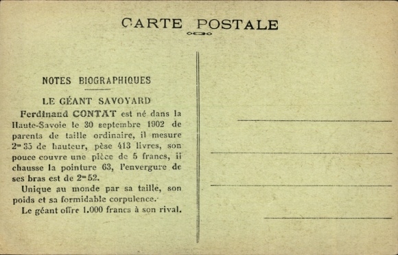 Ak Le Géant Savoyard, Ferdinand Contat, 2,35 m Höhe
