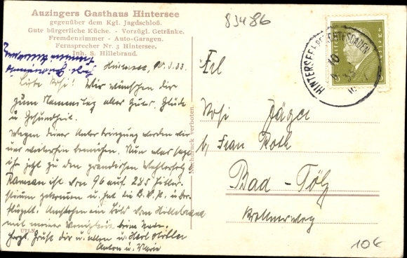 Postcard Ramsau in Berchtesgadener Land Oberbayern, Auzinger&#39;s Inn Hintersee