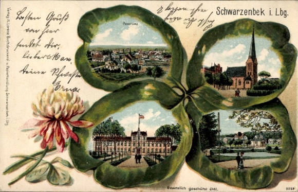 Klaverblad litho Schwarzenbek in het hertogdom Lauenburg, St. Franciscuskerk, Stadhuis, totaalbeeld
