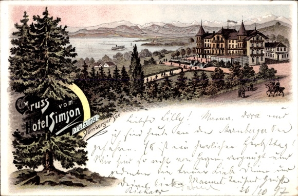 Precursor Chromo-Litho Tutzing in Upper Bavaria, Hotel Simson, Lake Starnberg, 1895