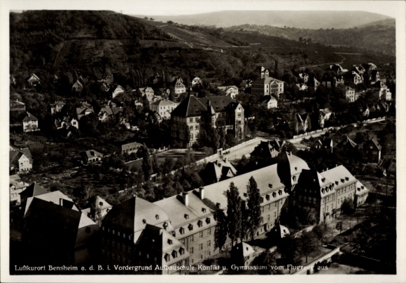Postcard Bensheim an der Bergstraße Hessen, aerial photography, Aufbauschule Konflikt and Gymnasium