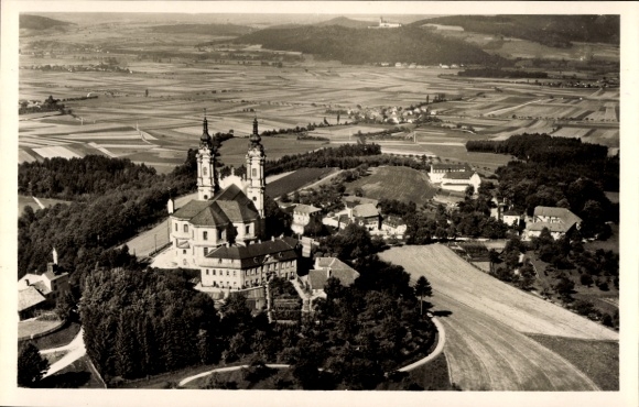 Postcard Bad Staffelstein am Main Upper Franconia, aerial photograph of Vierzehnheiligen with Banz Castle