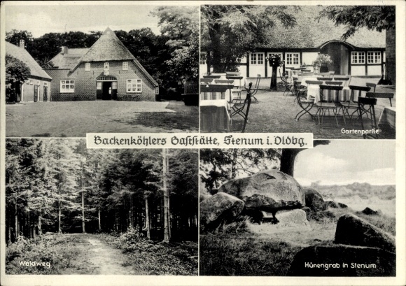 Postcard Stenum Ganderkesee in Lower Saxony, Backenköhler's restaurant, forest path, terrace, megalithic grave
