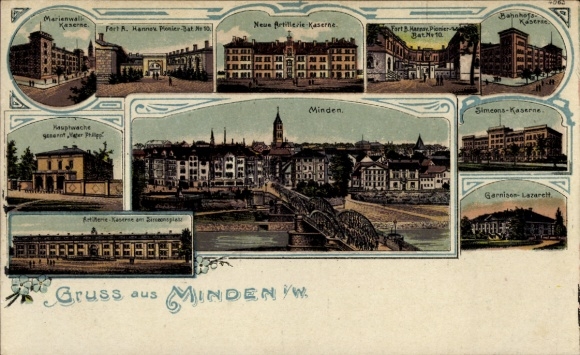 Litho Minden in Westfalen, Marienwall Kaserne, Neue Artillerie Kaserne, Hauptwache, Simeons Kaserne