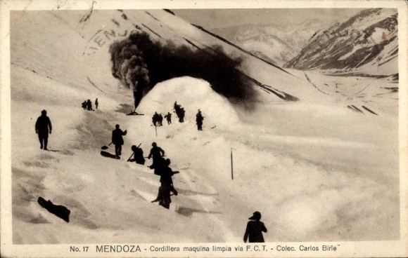 Postcard Mendoza Argentina, snow landscape, workers, steam locomotive, mountains, snow